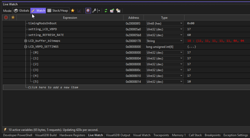 VisualGDB debugging session, live variables at bottom right panel